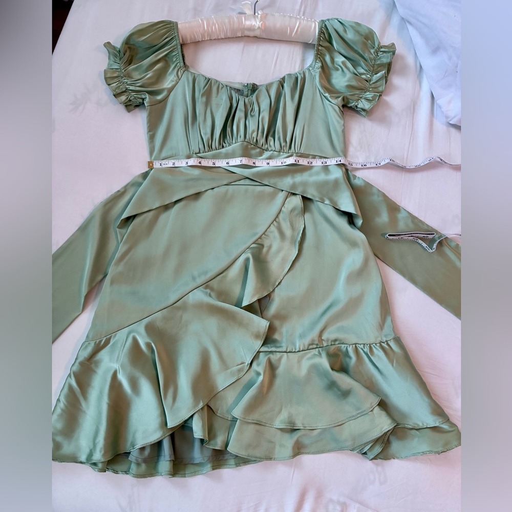 Romper Dress Sage Green Tie Back Satin. Off Shoulder. O. Vianca - Picture 3 of 3
